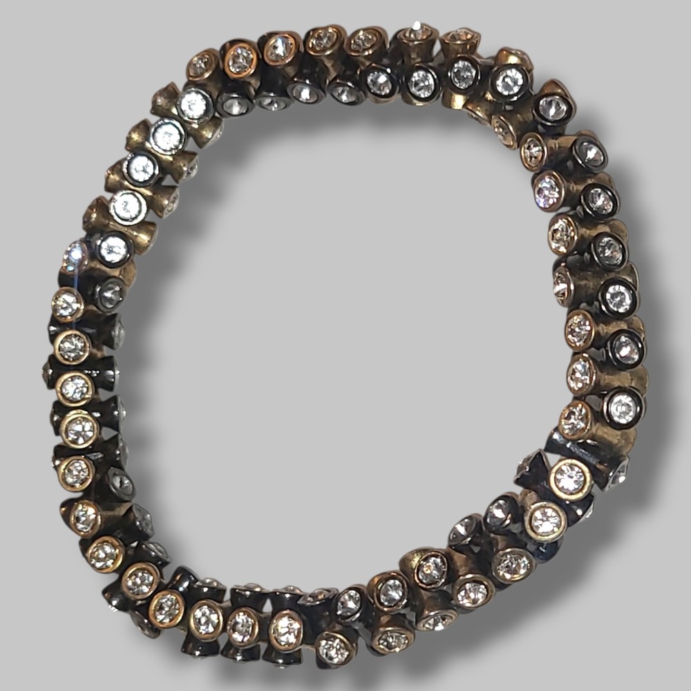 Two Tone Rhinestone Stretch Bracelet Gold Silver‎ Tone Heavy Chunky Vintage